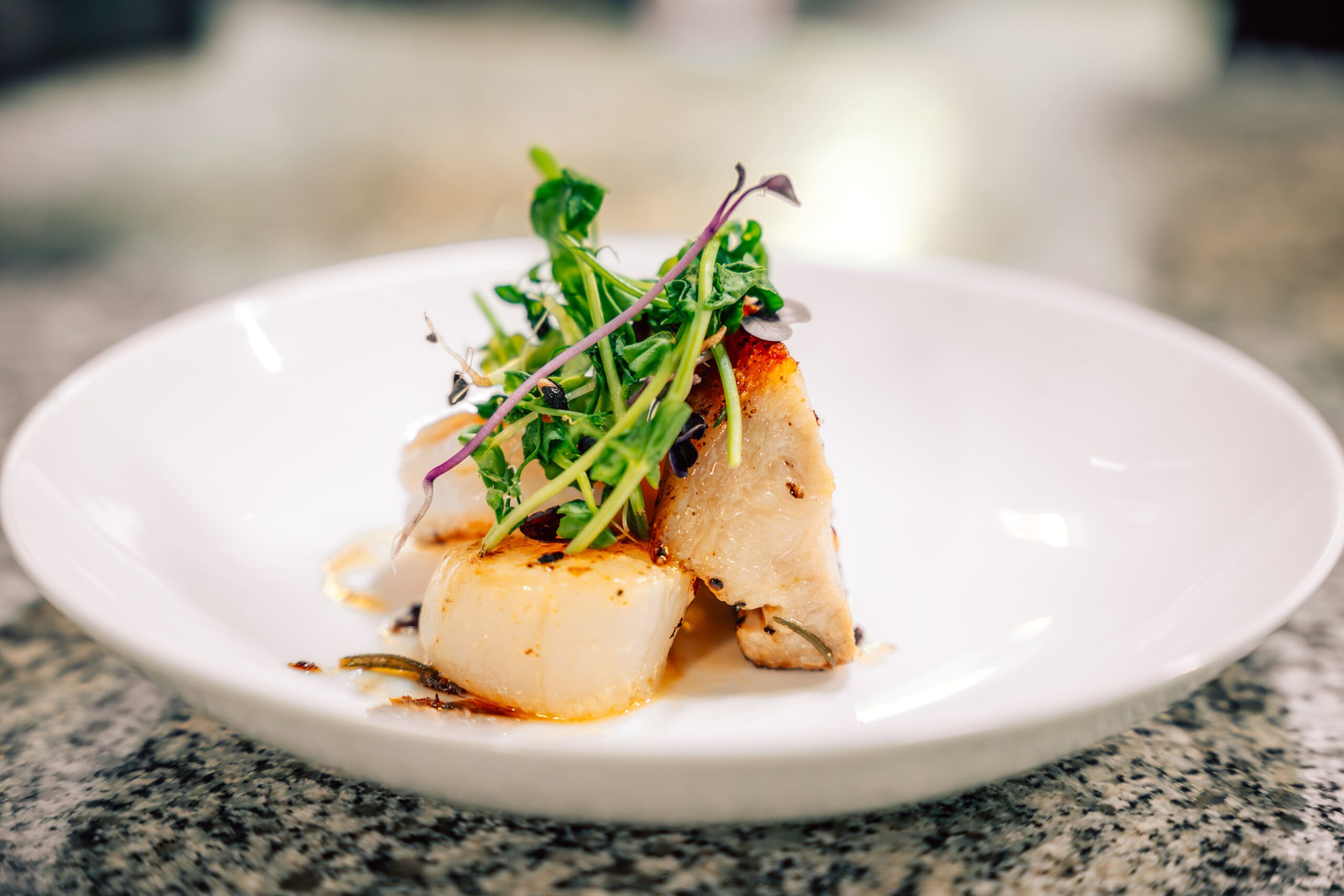 Surf n Turf mit Jakobsmuschel, Garnele und Schweinebauch.